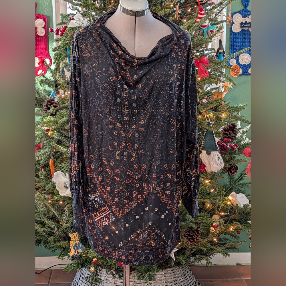 We The Free Black and Orange Geometric Blouse